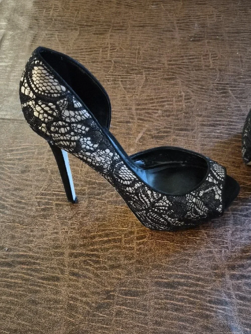 bebe Black and Cream Lace Peep-Toe Stilettos